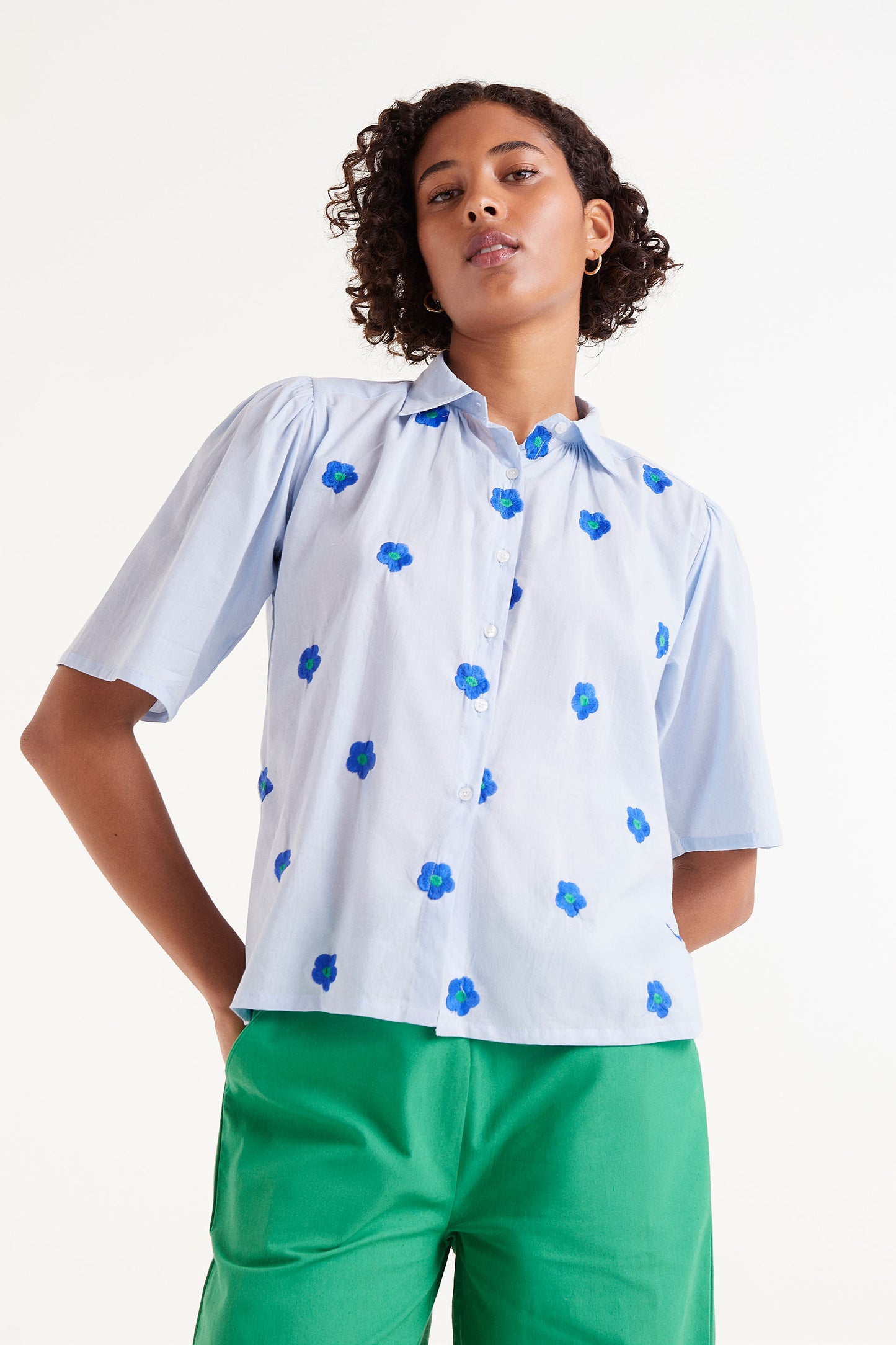 Compania Fanatastica Blue Shirt with Blue/Green Flower Detail